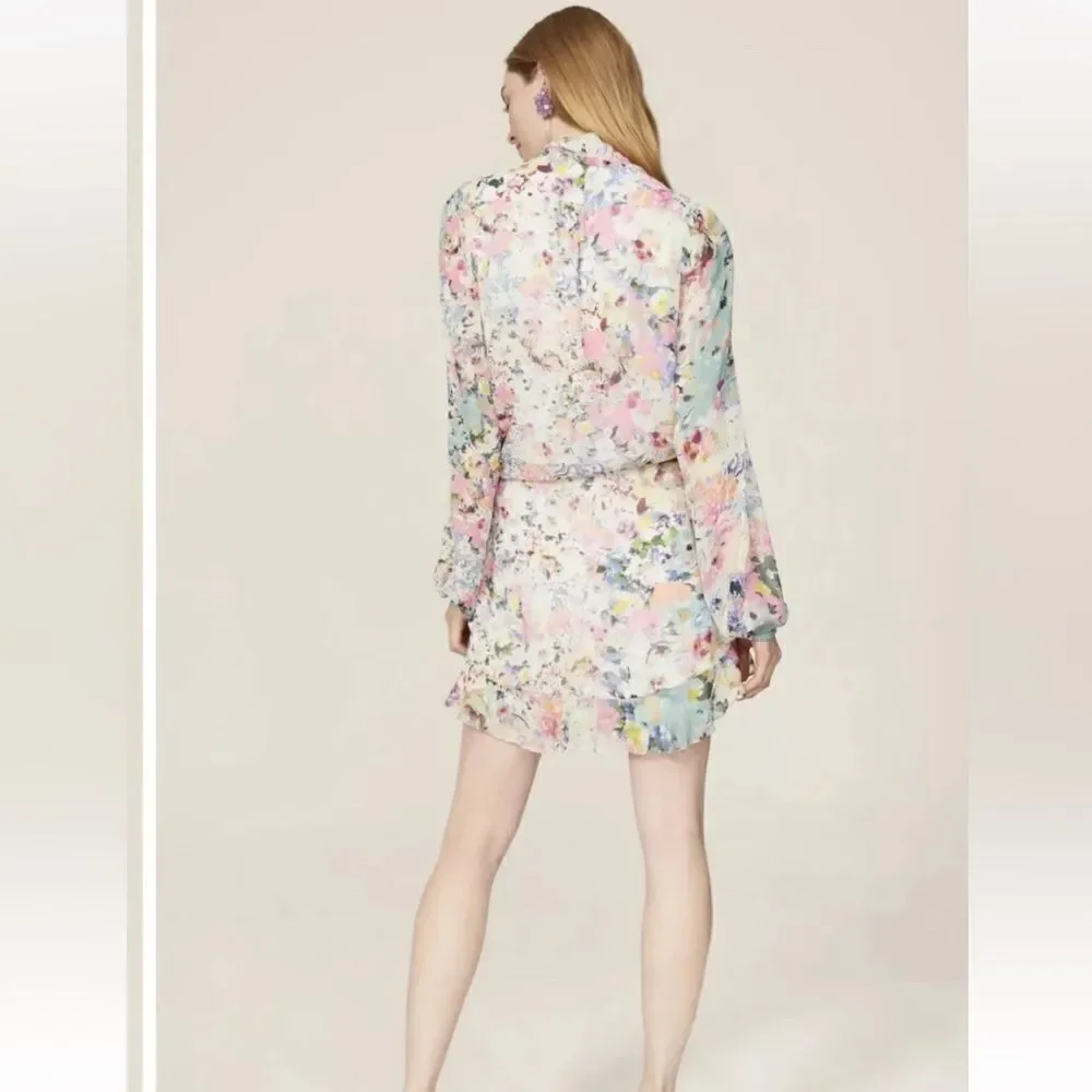 Rococo Sand Floral Leila Metallic Stars Mini Dress Sz XS Wrap Viscose Lined NWT